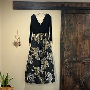 Xscape Black Long Sleeve V-Neck Ball Gown with Gold & Silver Floral Skirt